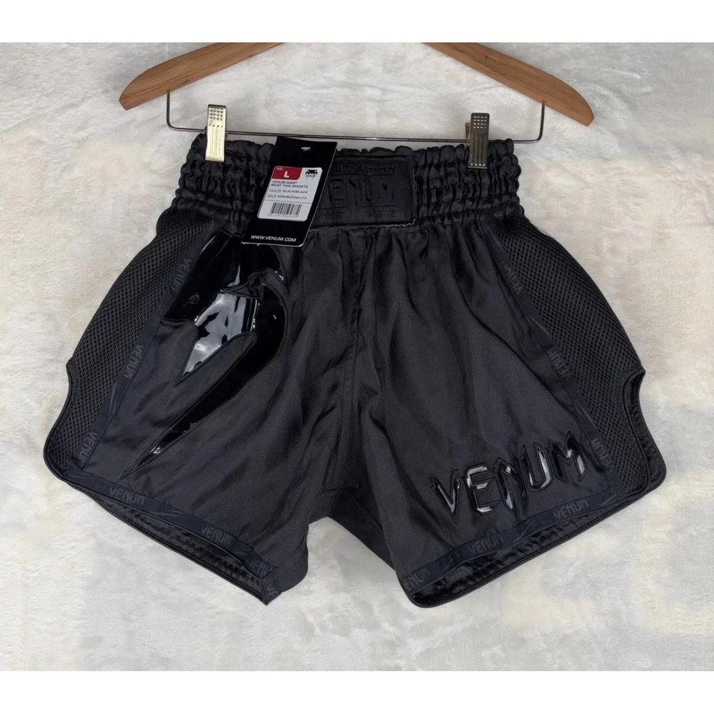 Venum Men Large Giant Muay Thai Shorts Black Elastic Wristband Mesh Sides Boxing